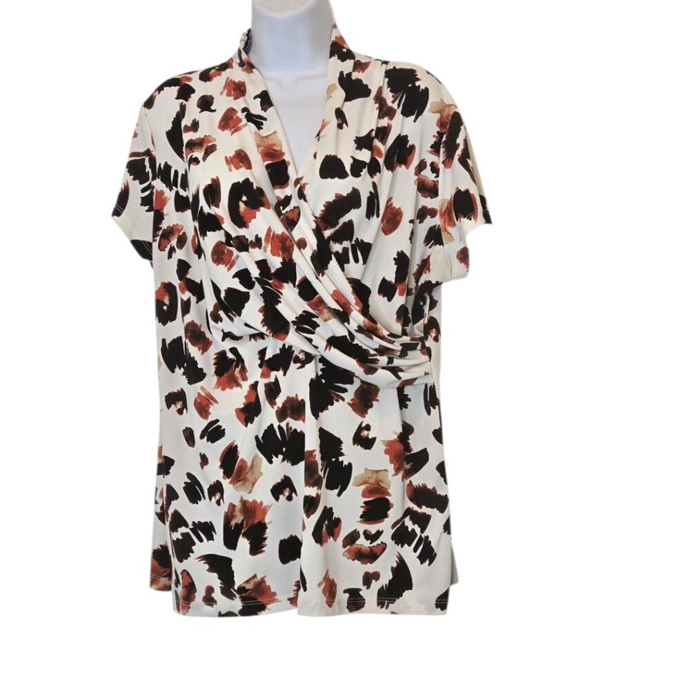 DKNY Faux Wrap Top Brown Black Print Short Sleeve XL